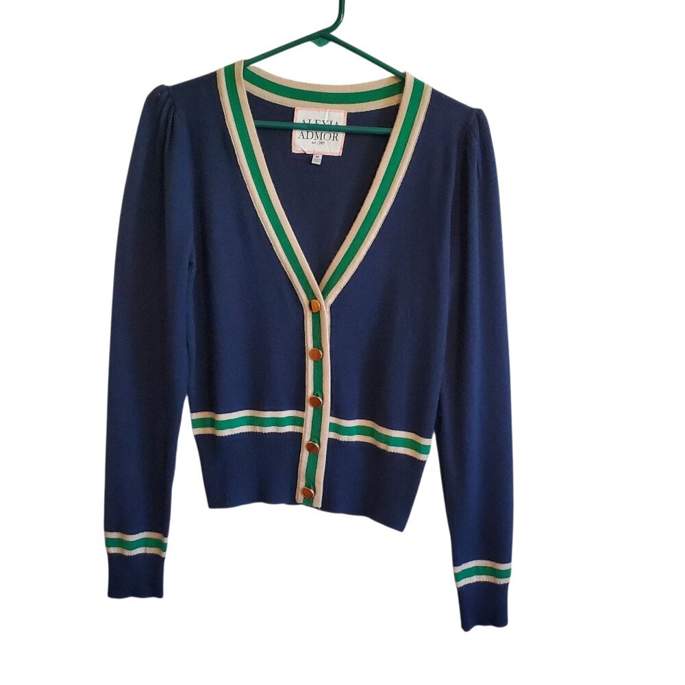 Alexia Admor Blue Cardigan with Green and White Trim